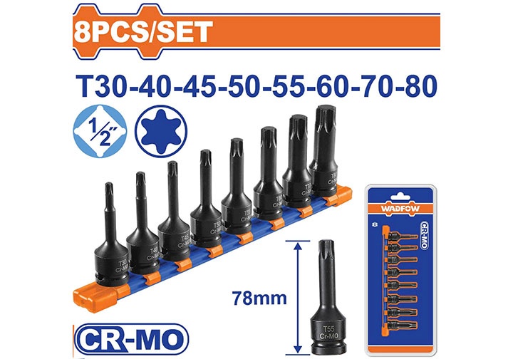 1/2” Bộ đầu tuýp sao T30-T80 dài 78mm 8 chi tiết Wadfow WMS4408 1/2” Bộ đầu tuýp sao T30-T80 dài 78mm 8 chi tiết Wadfow WMS4408