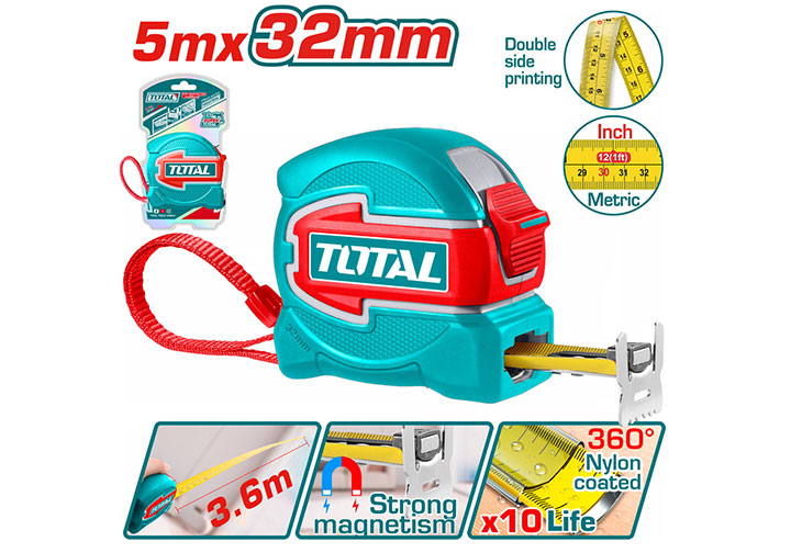 5m Thước cuộn thép hai mặt số (rộng 32mm) Total TMT80532 5m Thước cuộn thép hai mặt số (rộng 32mm) Total TMT80532