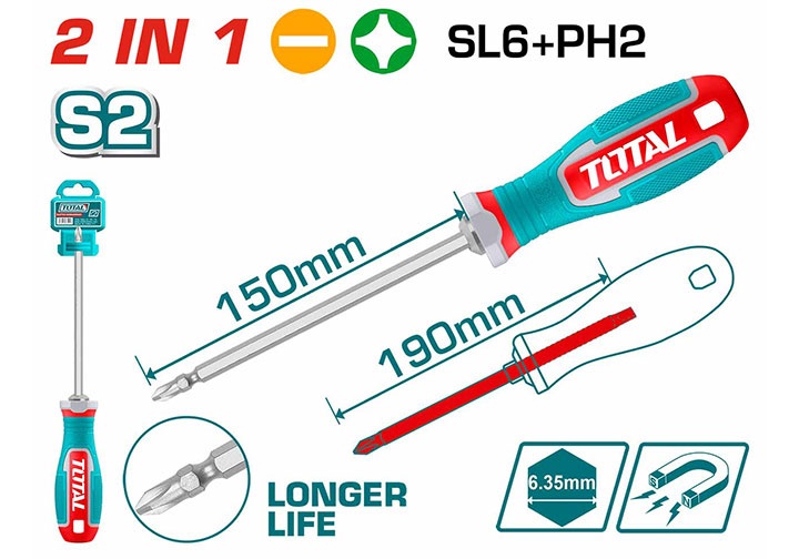 6x150mm Tuốc nơ vít 2 đầu dẹp và bake Total THT250266
