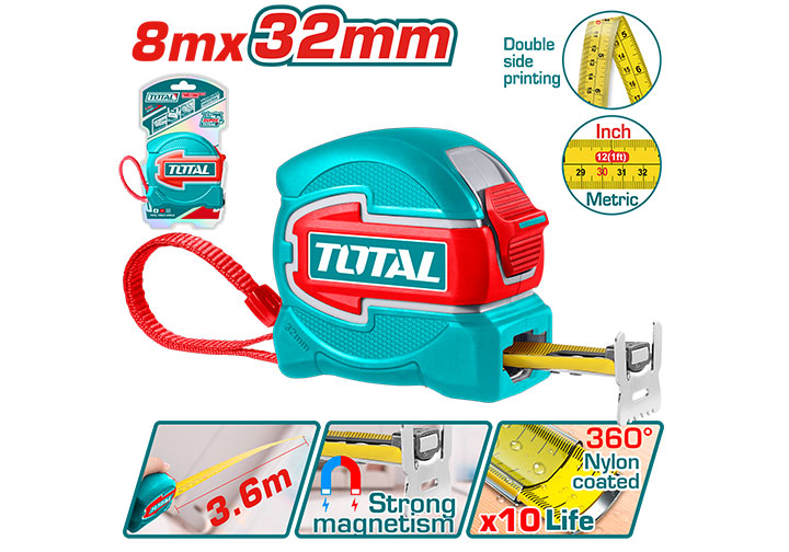 8m Thước cuộn thép hai mặt số (rộng 32mm) Total TMT80832 8m Thước cuộn thép hai mặt số (rộng 32mm) Total TMT80832
