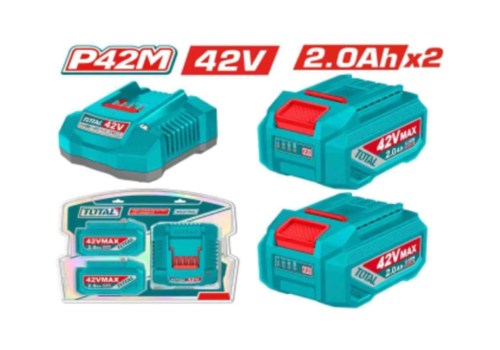 Đế sạc pin 42V và 2 pin 42V/2.0Ah P42M Total TFBCPM20221 Đế sạc pin 42V và 2 pin 42V/2.0Ah P42M Total TFBCPM20221