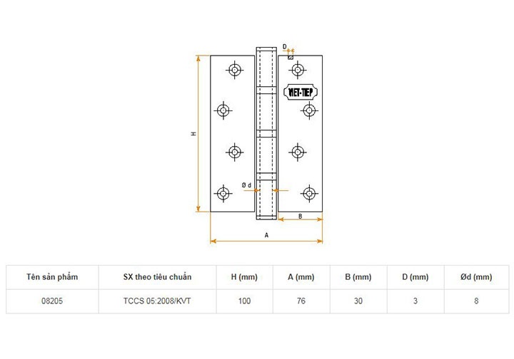 100x76x3mm Bản lề cửa inox Việt Tiệp 08205