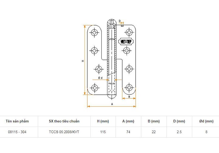 115x74x2.5mm Bản lề cửa inox 304 Việt Tiệp 08115-304