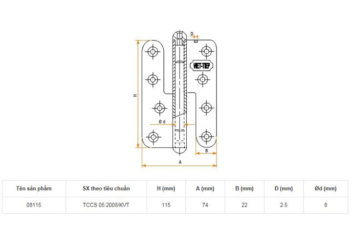 115x74x2.5mm Bản lề cửa Inox Việt Tiệp 08115