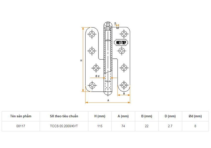 115x74x2.7mm Bản lề cửa hợp kim Việt Tiệp 08117