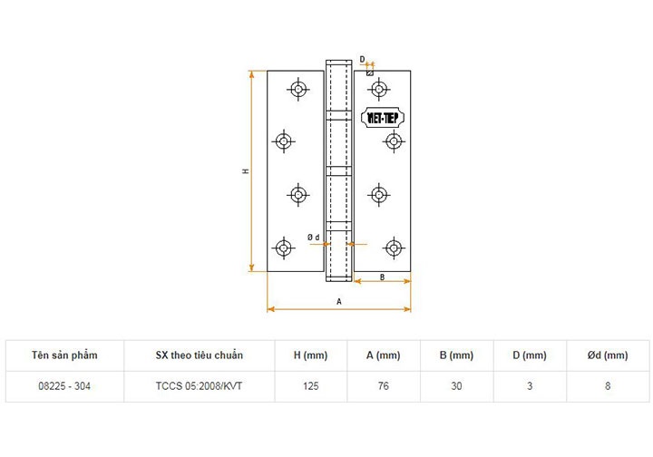 125x76x3mm Bản lề cửa inox 304 Việt Tiệp 08225-304