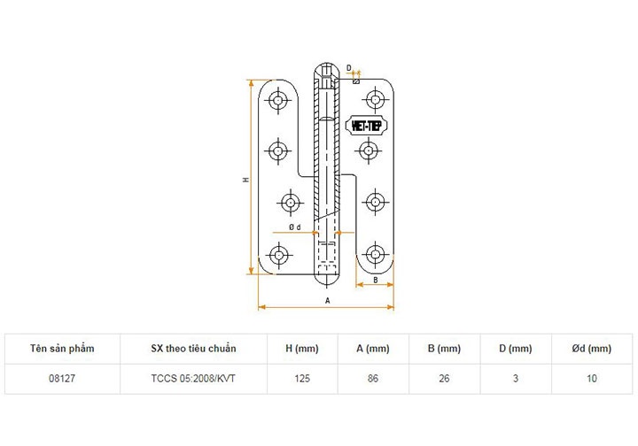 125x86x3mm Bản lề cửa hợp kim Việt Tiệp 08127