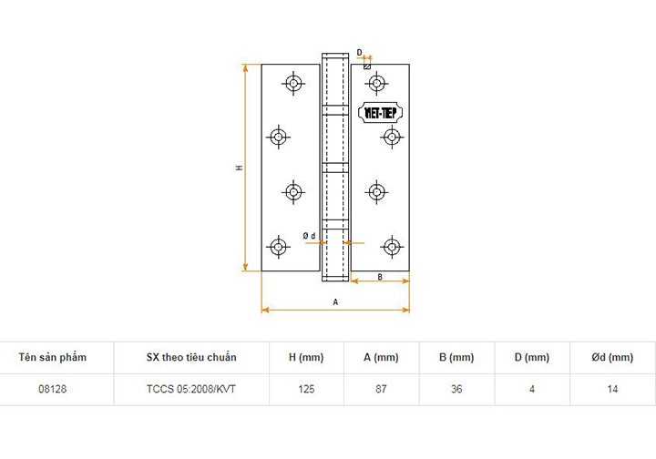 125x87x4mm Bản lề cửa đồng Việt Tiệp 08128