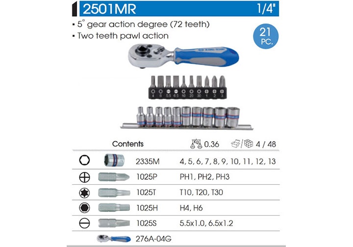 1/4" Bộ tuýp 21 chi tiết Kingtony 2501MR