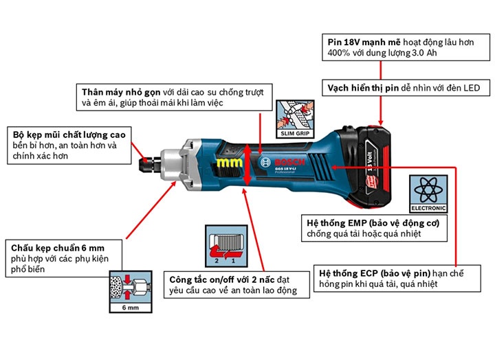 18V Máy mài thẳng dùng pin 8mm Bosch GGS 18 V-LI (Solo)