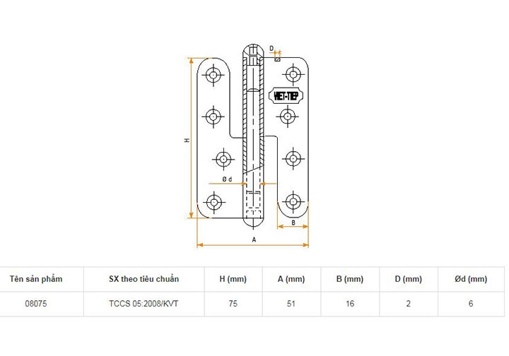 75x51x2mm Bản lề cửa Inox Việt Tiệp 08075