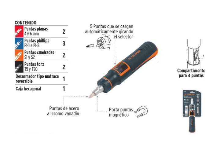 Bộ tuốc nơ vít tự động 9 chi tiết Truper 14145 (DES-11X)